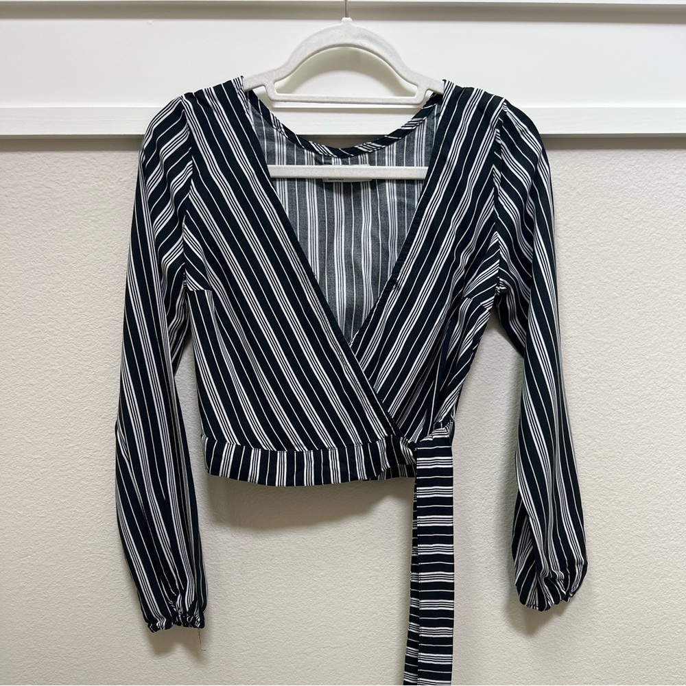Hollister Blue and White Wrap Blouse with Tie Front